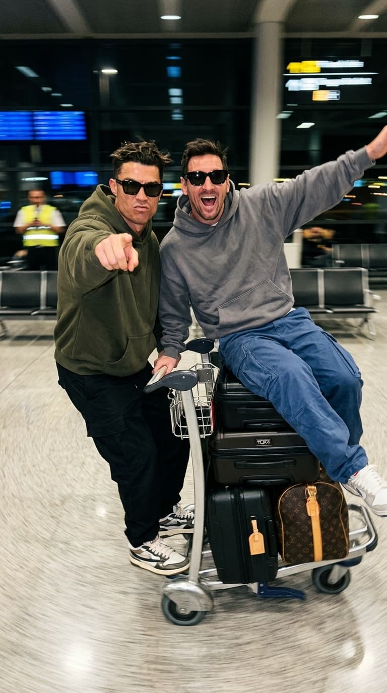Style: rich-athlete chaos after a private jet flight
Clothing: oversized airport fits, giant hoodies, loose cargos, sunglasses, expensive sneakers
Camera Angle: low-angle moving iPhone flash shot with motion blur and wheel distortion

A hyper-realistic airport image featuring the two uploaded subjects riding wildly on luggage carts through a nearly empty private terminal at night.

One subject screams laughing while nearly falling off the cart. The other points dramatically toward the camera with fake-serious racing concentration.

Expressions:
open-mouth laughter, chaotic happiness, exaggerated reactions, emotionally alive friendship energy.

The flash freezes parts of the motion while everything else streaks naturally:
blurred airport lights, stretched wheel motion, hoodie movement, messy hair. Realistic skin texture, sweat shine, smile folds, pores, slight exhaustion under the eyes from travel.

Feels like:
professional athletes behaving like children.