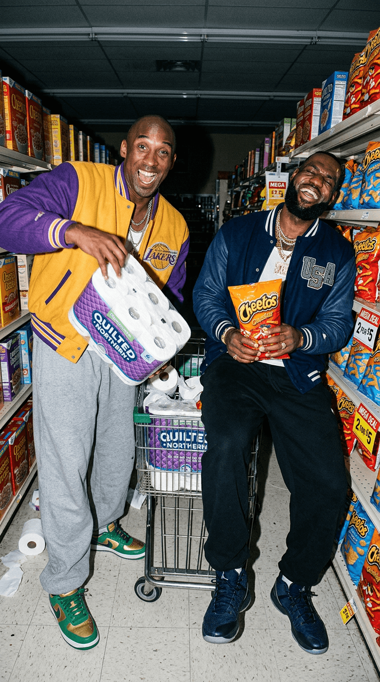 Style: rich-friend chaos in the most random place possible
Clothing: oversized varsity jackets, giant sweatpants, layered chains, expensive sneakers squeaking on the floor
Camera Angle: handheld iPhone flash shot mid-action with imperfect crop

A hyper-realistic supermarket image featuring the two uploaded subjects using random grocery items as basketballs in an empty aisle at night.

One subject dramatically slam-dunks toilet paper into a shopping cart while screaming in victory. The other collapses laughing against the shelves while holding snacks.

Expressions:
ridiculous joy, dramatic yelling faces, emotionally alive chaos, genuine friendship.

Flash creates:
harsh reflections on skin and products, realistic pores, smile wrinkles, messy hair movement, slight sweat shine, authentic oversized clothing folds. The frame should feel messy, spontaneous, and impossible to recreate intentionally.