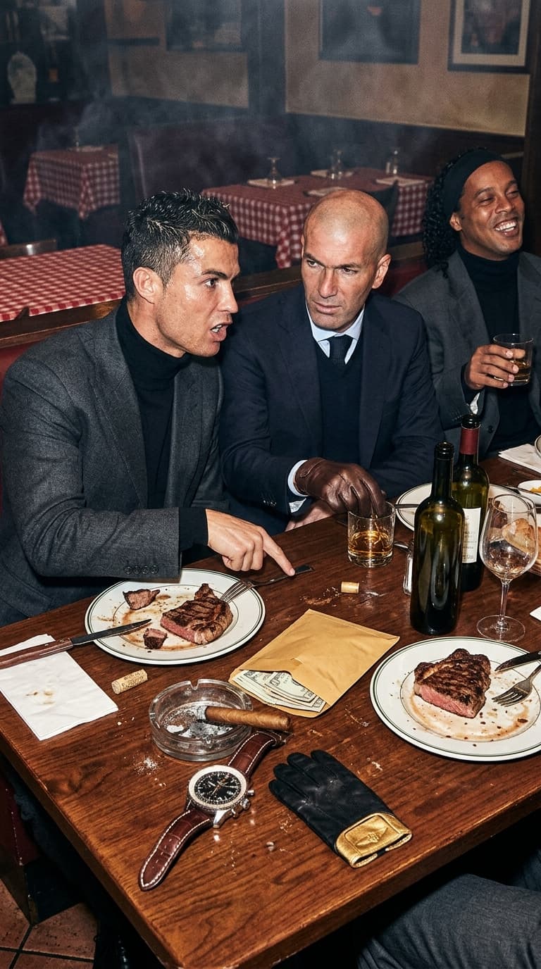 Style: tense mafia dinner meeting with hidden aggression
Clothing: oversized charcoal suits, black turtlenecks, wool overcoats hanging nearby, luxury watches, leather gloves on table
Camera Angle: close iPhone flash shot from across the dinner table with imperfect crop
A hyper-realistic cinematic restaurant scene inspired by classic Godfather negotiation moments. The uploaded subjects sit across from each other at a private Italian restaurant booth covered in steak plates, whiskey glasses, ashtrays, cash envelopes, and half-finished wine bottles.
One subject leans forward intensely mid-sentence with controlled anger in the eyes. Another sits completely calm while slowly stirring a drink with emotionally cold expression. A third laughs softly in the background like they know something dangerous.
Expressions:
manipulative smiles, subtle intimidation, brotherhood tension, emotionally controlled masculinity.
The flash creates:
harsh reflections on skin and glassware, realistic pores, beard texture, under-eye darkness, smoke haze, sweat shine, authentic wrinkles in tailoring. Slight motion blur in one hand makes it feel like a real hidden-camera moment.
Feels like:
someone secretly photographed a mafia summit.