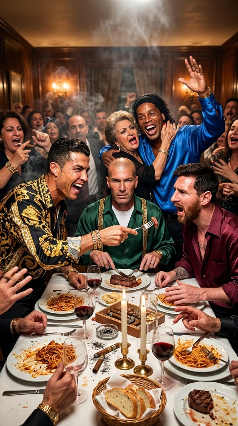 Style: loud dangerous family energy mixed with luxury
Clothing: oversized silk shirts, loose tailoring, gold jewelry, suspenders, old-money mafia aesthetics
Camera Angle: chaotic close iPhone flash shot in the middle of dinner-table madness

A hyper-realistic cinematic image inspired by chaotic family scenes from The Godfather featuring the uploaded subjects around a giant Italian dinner table overflowing with pasta, wine, candles, cigars, and shouting relatives.

One subject points aggressively mid-argument while laughing loudly. Another sits emotionless eating while chaos erupts around them. Someone in the background hugs another person dramatically.

Expressions:
big emotional reactions, yelling faces, aggressive laughter, brotherhood warmth mixed with danger.

Flash creates:
hot skin reflections, realistic pores, wrinkles in silk shirts, cigar smoke haze, sweaty foreheads, authentic smile creases, messy table reflections. The image should feel loud, alive, emotional, and dangerously loving at the same time.