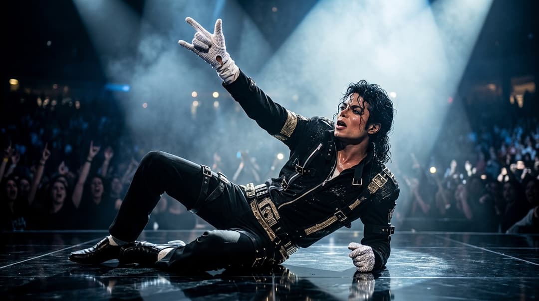 A hyper-realistic cinematic stage-performance image inspired by Michael Jackson’s iconic energy, featuring him lying dramatically across the glossy black stage floor in an intense creative dance pose mid-performance. One leg bent sharply, the other extended outward, torso twisted dynamically while one gloved hand points upward in a bold “yo” gesture toward the audience. His expression is emotionally explosive and magnetic: mouth slightly open mid-shout, sharp eyes locked upward, sweat visible across the skin under harsh stage lighting.
The focus of the image is heavily centered on:
the iconic crystal glove, reflective sequined jacket details, hand gesture, and dramatic body pose.
The stage environment should feel massive and legendary:
dark concert arena swallowed in cinematic darkness with only fragments of screaming crowd silhouettes and distant phone lights visible. Thick smoke haze drifts across the stage floor while dramatic white spotlights slice through the darkness from above.
Lighting design:
aggressive high-contrast concert lighting with deep blacks and sharp highlights. Strong rim lights outline the silhouette while one focused spotlight hits the glove and upper body intensely, creating sparkling reflections across the crystals and sequins. Moody blue and silver tones dominate the scene with occasional warm tungsten highlights from stage fixtures.
Camera style:
shot extremely low to the stage floor using a shallow depth-of-field cinematic lens. The glove and face remain razor sharp while the background melts into dreamy bokeh and concert haze. Slight motion blur in clothing edges and hair from fast movement creates realism and performance intensity.
Ultra-realistic details:
visible sweat texture, pores, fabric stitching, sequined reflections, subtle skin imperfections, realistic stage dust, glossy floor reflections, dynamic wrinkles in clothing, cinematic smoke interaction with lighting beams. The mood should feel legendary, emotional, dark, explosive, and larger-than-life like the greatest concert performance ever captured.