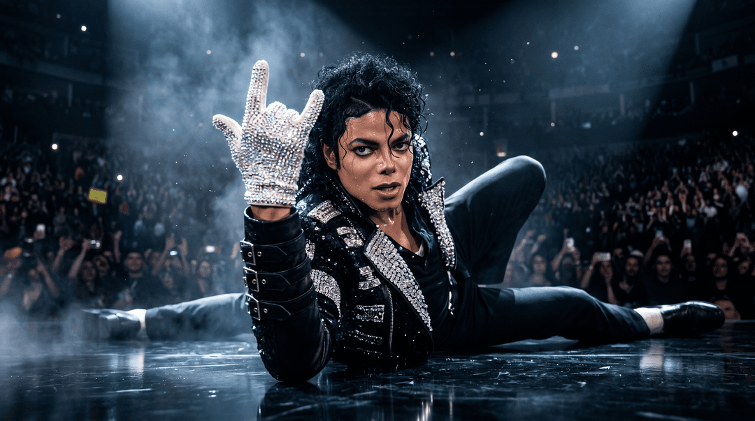 A hyper-realistic cinematic stage-performance image inspired by Michael Jackson’s iconic energy, featuring him lying dramatically across the glossy black stage floor in an intense creative dance pose mid-performance. One leg bent sharply, the other extended outward, torso twisted dynamically while one gloved hand points upward in a bold “yo” gesture toward the audience. His expression is emotionally explosive and magnetic: mouth slightly open mid-shout, sharp eyes locked upward, sweat visible across the skin under harsh stage lighting.

The focus of the image is heavily centered on:
the iconic crystal glove, reflective sequined jacket details, hand gesture, and dramatic body pose.

The stage environment should feel massive and legendary:
dark concert arena swallowed in cinematic darkness with only fragments of screaming crowd silhouettes and distant phone lights visible. Thick smoke haze drifts across the stage floor while dramatic white spotlights slice through the darkness from above.

Lighting design:
aggressive high-contrast concert lighting with deep blacks and sharp highlights. Strong rim lights outline the silhouette while one focused spotlight hits the glove and upper body intensely, creating sparkling reflections across the crystals and sequins. Moody blue and silver tones dominate the scene with occasional warm tungsten highlights from stage fixtures.

Camera style:
shot extremely low to the stage floor using a shallow depth-of-field cinematic lens. The glove and face remain razor sharp while the background melts into dreamy bokeh and concert haze. Slight motion blur in clothing edges and hair from fast movement creates realism and performance intensity.

Ultra-realistic details:
visible sweat texture, pores, fabric stitching, sequined reflections, subtle skin imperfections, realistic stage dust, glossy floor reflections, dynamic wrinkles in clothing, cinematic smoke interaction with lighting beams. The mood should feel legendary, emotional, dark, explosive, and larger-than-life like the greatest concert performance ever captured.
