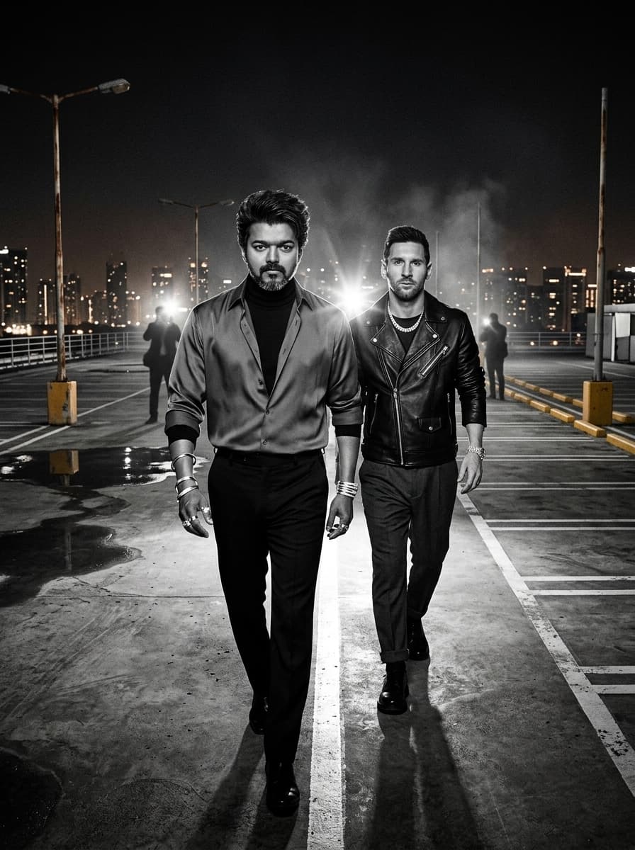 cinematic paparazzi flash photograph of stylish subjects walking across an empty rooftop parking deck at night, emotionally detached expressions with confident posture, monochromatic designer fashion and reflective jewelry illuminated by harsh direct flash lighting, glowing skyline lights and concrete textures visible throughout the background, dramatic wide-angle composition with nightlife editorial realism