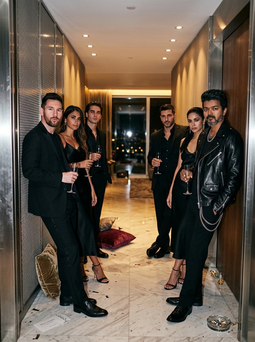 direct flash fashion editorial of fashionable subjects gathered inside a luxury penthouse hallway after an upscale party, calm expressions with subtle celebrity exhaustion, tailored black designer outfits, glossy fabrics and chrome accessories illuminated by aggressive camera flash, warm architectural lighting and scattered nightlife details creating cinematic atmospheric depth in the background, handheld documentary framing with upscale paparazzi realism