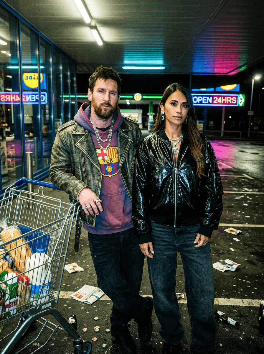 gritty fashion flash photograph of stylish subjects standing beside shopping carts in a neon-lit parking lot after midnight, serious expressions with rebellious urban energy, oversized hoodies, leather jackets and reflective jewelry illuminated by direct flash highlights, fluorescent storefronts and wet pavement reflections creating cinematic documentary depth behind them, handheld composition with raw nightlife realism