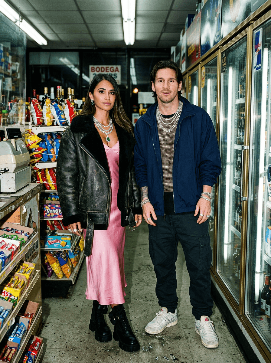 direct flash editorial photograph of stylish subjects standing inside a late-night luxury convenience mart, calm expressions with subtle celebrity attitude, oversized coats, designer sneakers and layered chrome jewelry illuminated by harsh flash exposure, fluorescent aisles and reflective refrigerators creating cinematic urban depth behind them, documentary-style framing with gritty luxury realism