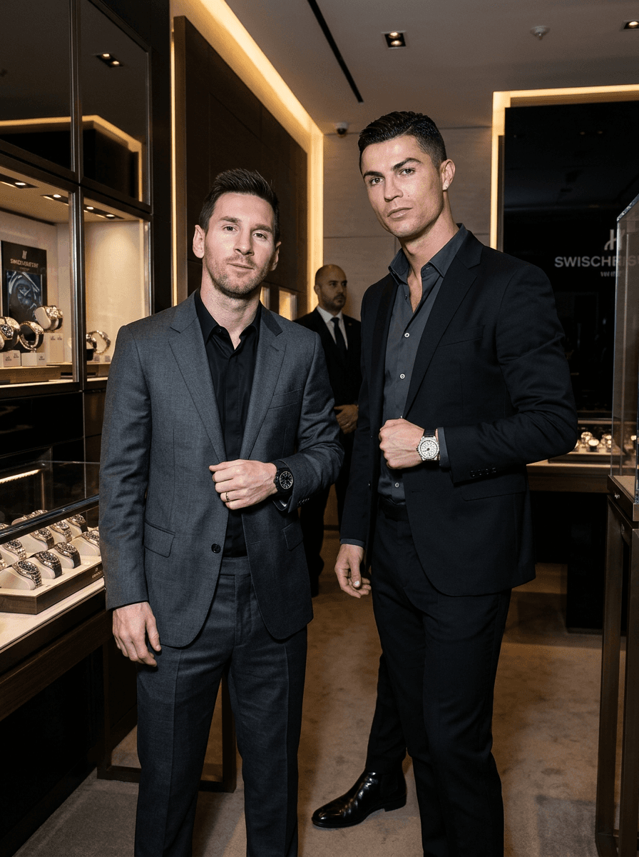 cinematic direct flash editorial of stylish subjects standing inside a luxury watch boutique late at night, composed facial expressions with subtle arrogance, tailored monochromatic outfits and glossy leather textures illuminated by harsh camera flash, mirrored displays and warm architectural lighting creating layered cinematic atmosphere behind them, upscale fashion campaign framing with celebrity realism