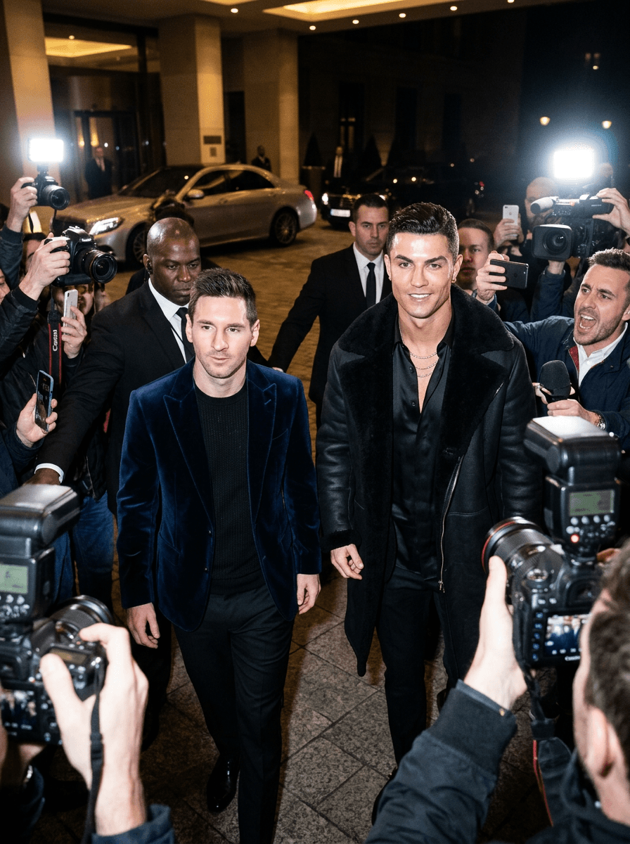 paparazzi-style flash photo of stylish subjects crossing a luxury hotel driveway surrounded by photographers, composed expressions with celebrity nightlife energy, tailored designer eveningwear and oversized coats reflecting harsh direct flash lighting, luxury vehicles and blurred security staff visible throughout the background, cinematic handheld framing with glossy tabloid realism