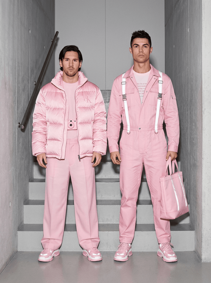 direct flash editorial photograph of fashionable subjects wearing coordinated pink luxury streetwear and graphic designer pieces, playful novelty accessories and matching sneakers, emotionally detached expressions with ironic fashion poses, minimalist stairwell environment with harsh DSLR flash reflections and strong shadows, centered symmetrical framing with glossy magazine-style realism