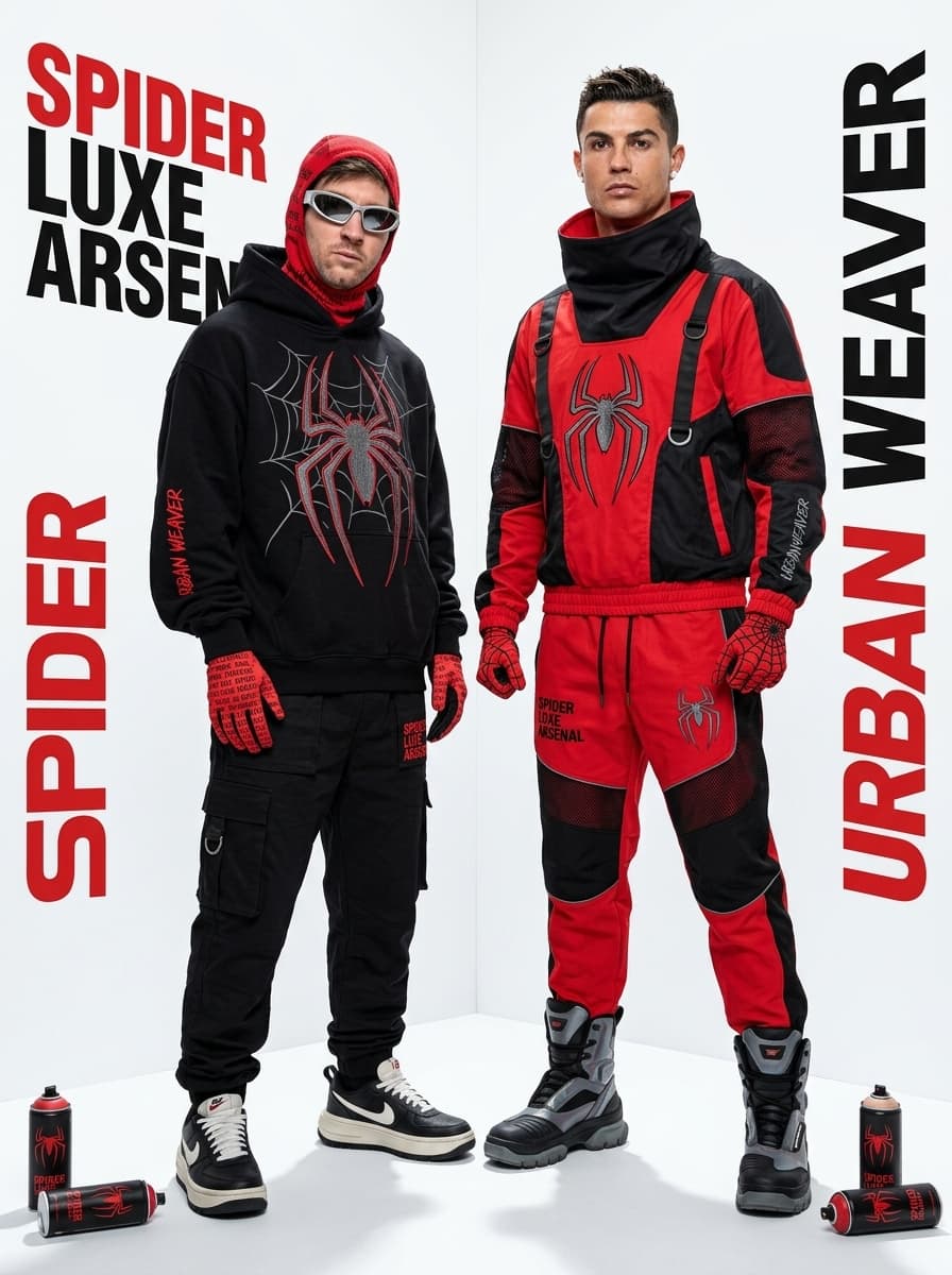 clean studio flash photograph of stylish subjects wearing coordinated black and red spider-inspired luxury streetwear, oversized silhouettes, graphic gloves, futuristic sunglasses and exaggerated footwear, deadpan expressions with stiff fashion campaign posing, seamless white backdrop with aggressive direct flash lighting and sharp contrast shadows, symmetrical composition with editorial hypebeast energy