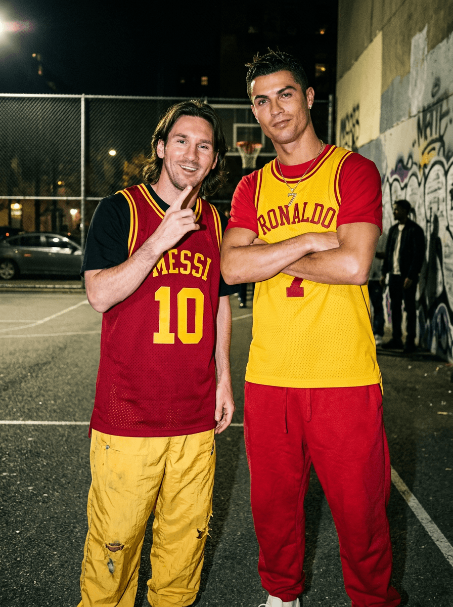 aggressive paparazzi flash photograph of stylish subjects wearing coordinated vintage basketball jerseys and oversized streetwear beside an outdoor court at night, confident expressions with playful competitive energy, saturated red and yellow color palette illuminated by harsh DSLR flash lighting, urban nightlife atmosphere with candid documentary framing and internet-era fashion editorial realism