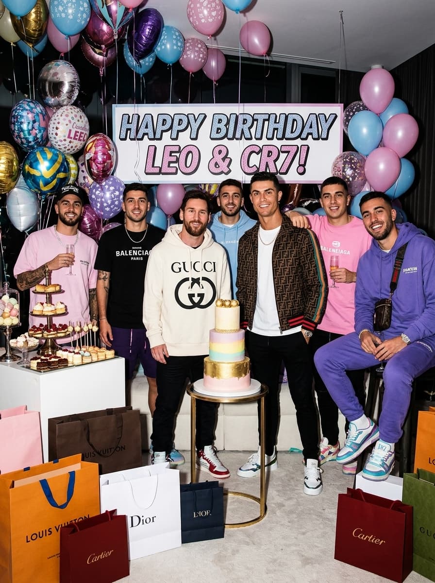 cinematic flash photograph of fashionable subjects gathered around an extravagant birthday setup filled with balloons, candy colors and luxury gift bags, oversized designer streetwear mixed with playful accessories and coordinated outfits, relaxed expressions with chaotic friend-group energy, harsh direct flash lighting creating glossy highlights and strong shadows, Instagram dump aesthetic with upscale teenage celebrity realism