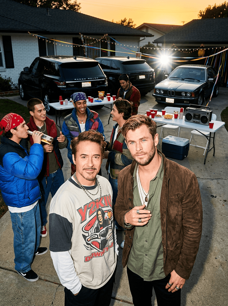 direct flash editorial photograph of fashionable subjects gathered around a suburban driveway party at sunset, oversized Y2K-inspired streetwear, graphic tees and layered jewelry illuminated by harsh DSLR flash highlights, relaxed expressions with chaotic friend-group interaction, folding tables, parked luxury vehicles and colorful decorations visible throughout the background, cinematic disposable-camera realism with internet-culture energy