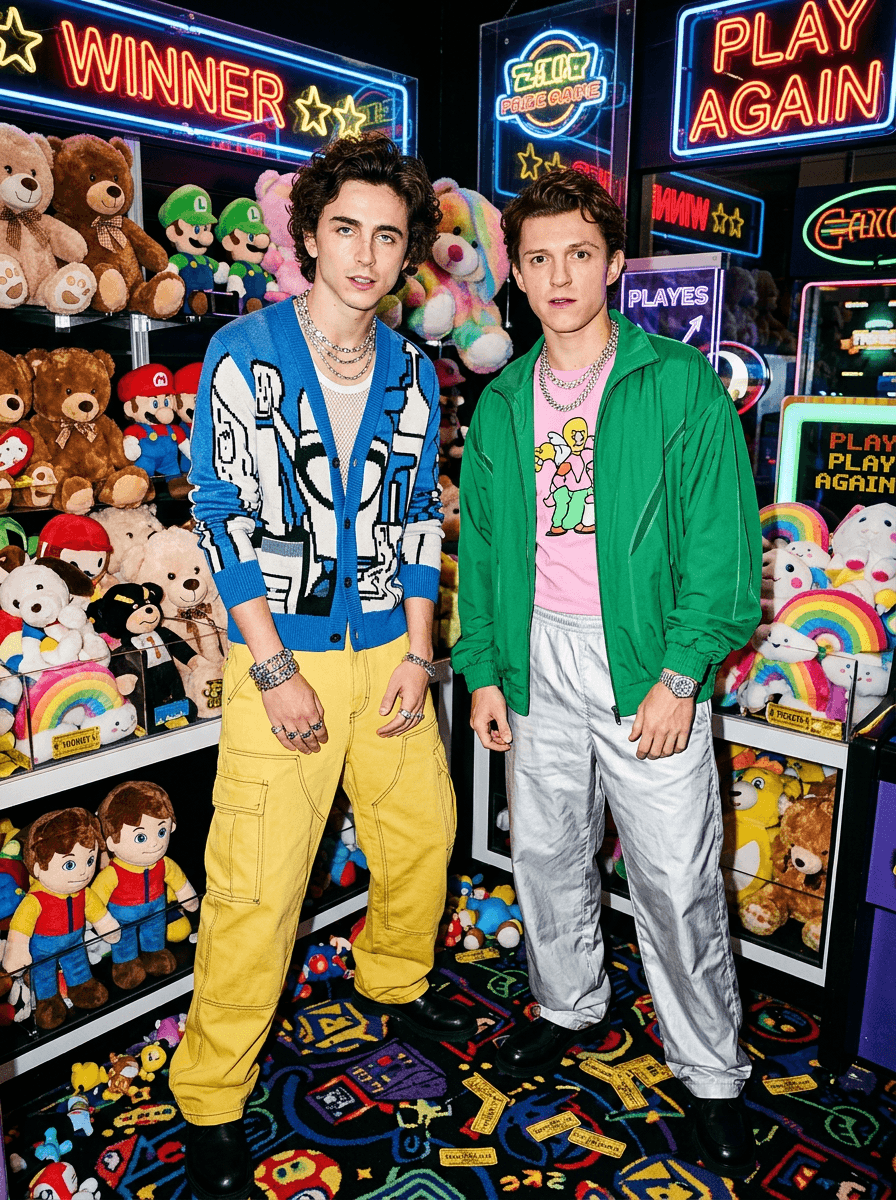 direct flash fashion editorial of fashionable subjects posing inside a brightly lit toy arcade prize section, coordinated colorful Y2K-inspired streetwear and layered chrome jewelry illuminated by harsh paparazzi flash highlights, awkward expressions with exaggerated editorial body language, plush toys and neon reflections creating cinematic playful depth behind them, internet-culture luxury realism