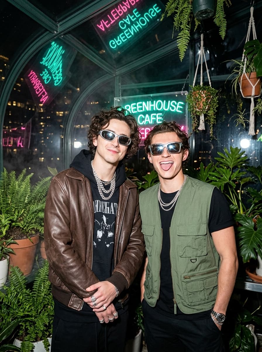 cinematic paparazzi-style flash photograph of stylish subjects standing inside a colorful rooftop greenhouse café during an afterparty, coordinated graphic streetwear, layered chrome jewelry and oversized silhouettes illuminated by aggressive flash exposure, playful expressions with ironic internet-culture energy, glowing city lights and reflective glass walls creating cinematic social-media depth throughout the background