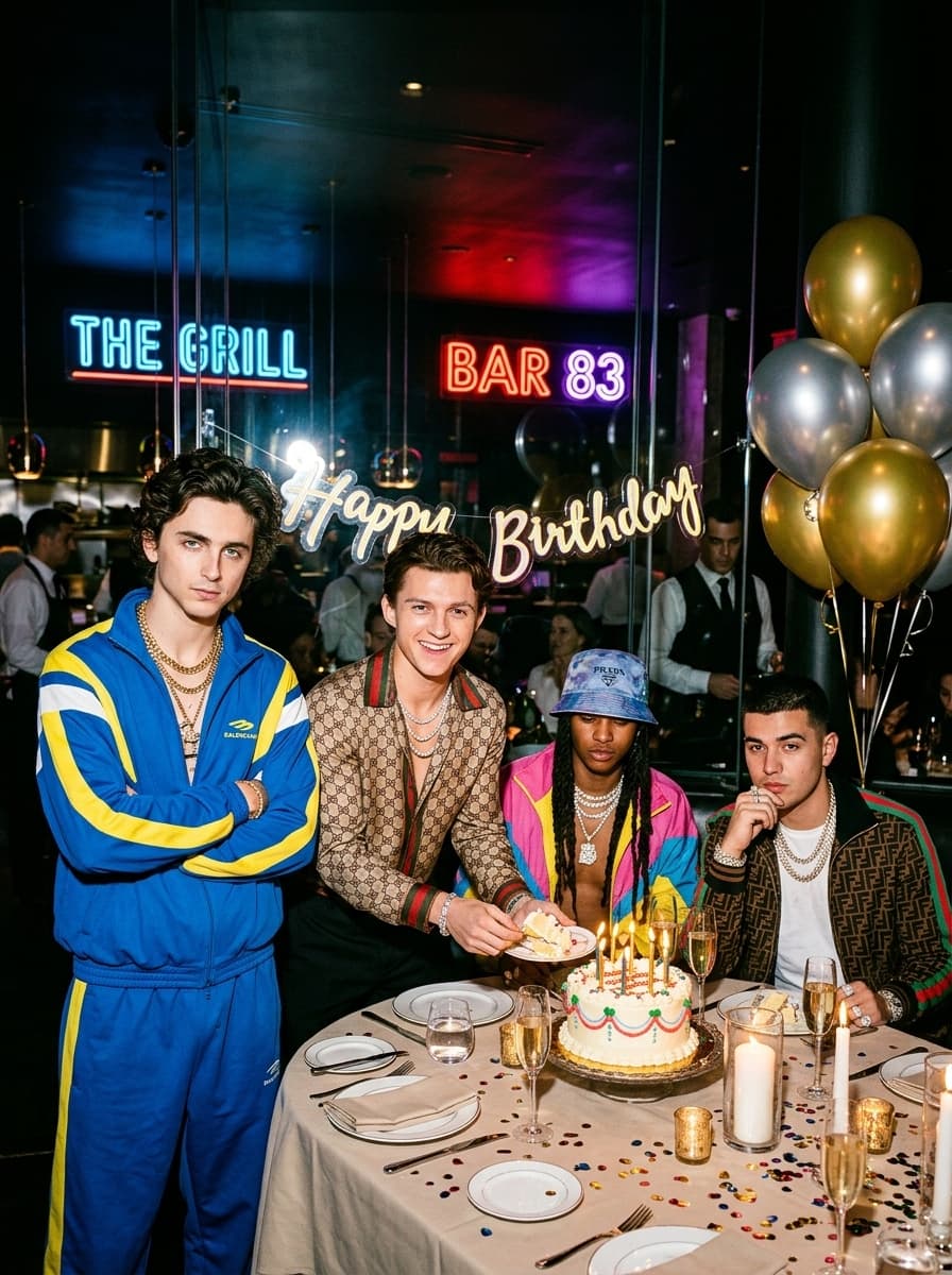 direct flash fashion photograph of fashionable subjects gathered around a luxury birthday dinner setup inside a neon-lit restaurant, coordinated colorful designer streetwear and layered jewelry illuminated by harsh DSLR flash highlights, chaotic friend-group interaction with emotionally detached expressions, candles, balloons and reflective glass textures creating cinematic nightlife depth behind them
