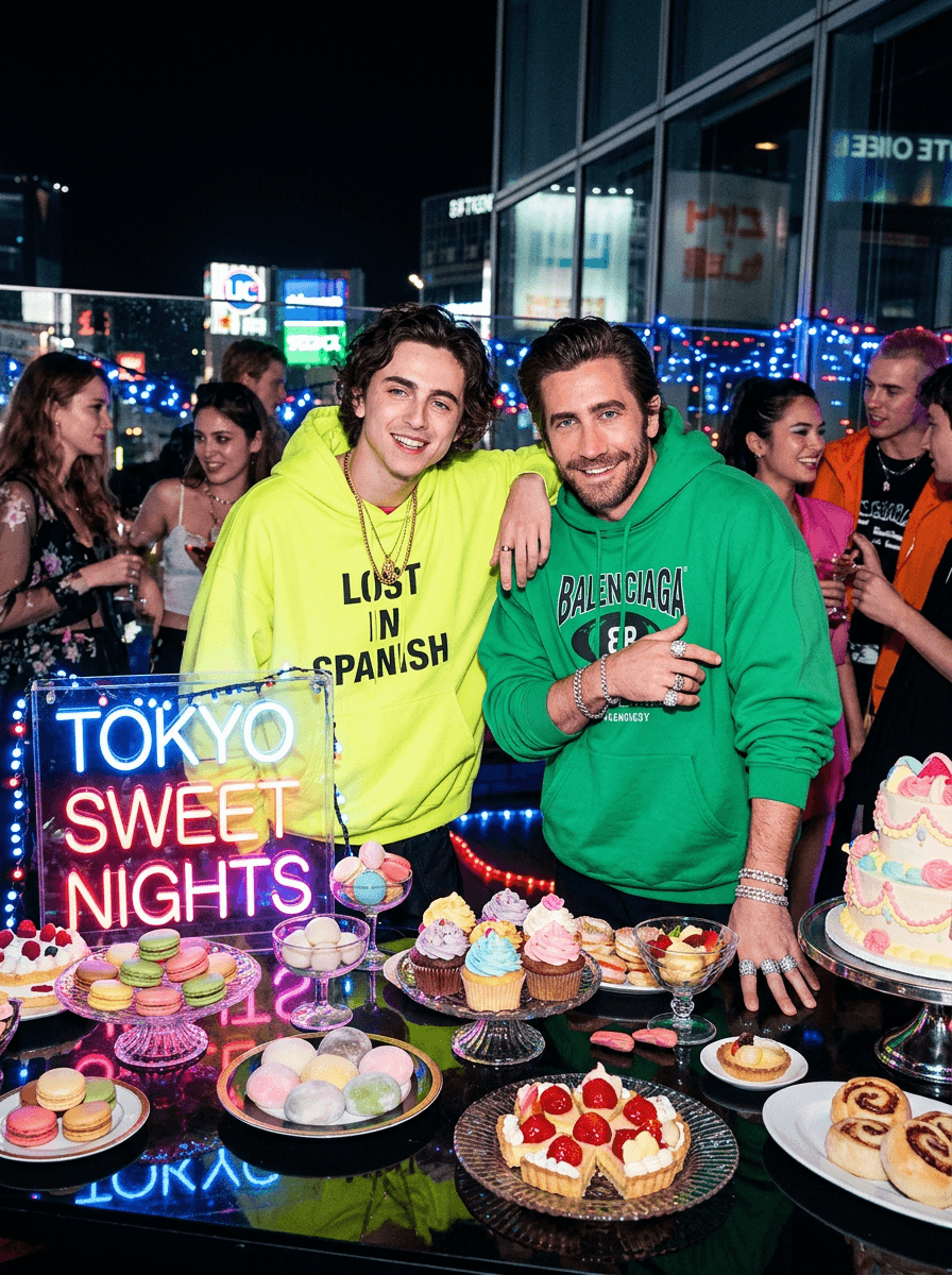direct flash fashion photograph of fashionable subjects gathered around a rooftop dessert table filled with colorful pastries and neon decorations, oversized designer hoodies, graphic pants and layered metallic jewelry illuminated by harsh DSLR flash highlights, ironic expressions with chaotic internet-friend-group energy, skyline reflections and glowing city lights visible throughout the background