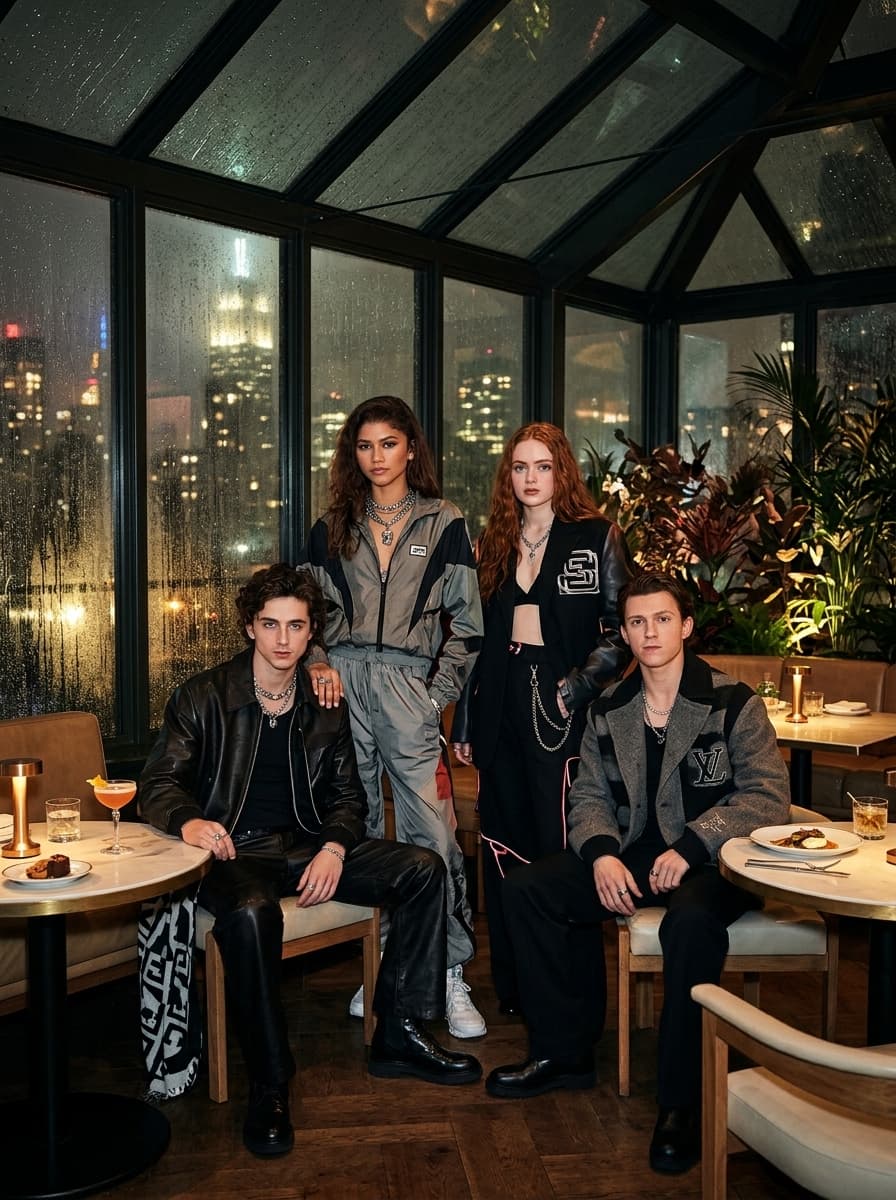 cinematic direct flash photograph of stylish subjects gathered inside a luxury rooftop greenhouse café during rainfall, coordinated oversized designer fashion and metallic accessories illuminated by aggressive flash lighting, emotionally detached expressions with ironic internet-culture posture, fogged glass walls and glowing skyline lights creating cinematic nightlife atmosphere throughout the background