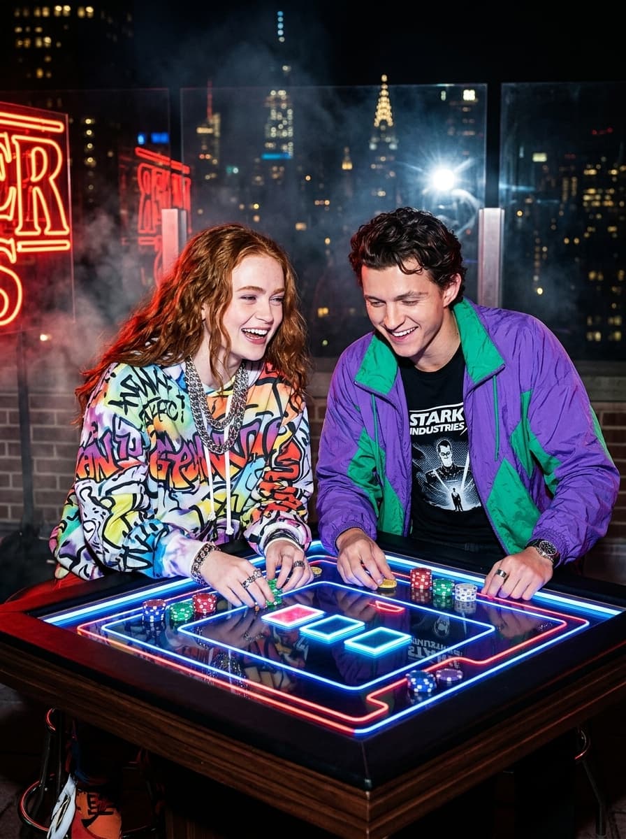 291. cinematic direct flash photograph of stylish subjects gathered around a rooftop neon card-table setup at night, oversized colorful streetwear, graphic hoodies and layered chrome accessories illuminated by aggressive DSLR flash lighting, playful expressions mixed with emotionally detached fashion posture, skyline haze and glowing reflections creating cinematic internet-party atmosphere throughout the background, upscale hypebeast editorial realism