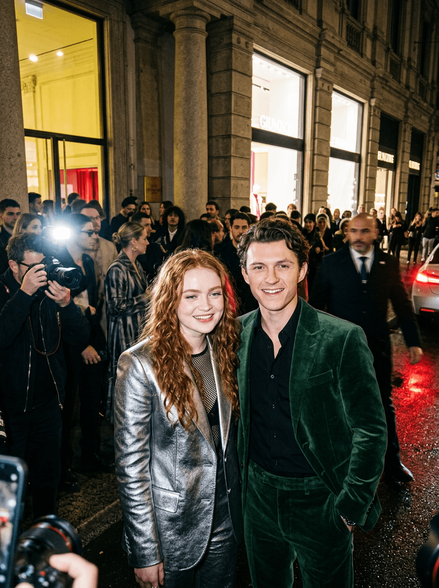 302. gritty paparazzi-style flash photograph of fashionable subjects gathered outside a luxury Milan fashion-week afterparty, coordinated tailored streetwear mixed with avant-garde outerwear illuminated by harsh DSLR flash exposure, relaxed expressions with celebrity fashion energy, vintage architecture and blurred nightlife crowds creating cinematic European depth throughout the background, editorial runway realism