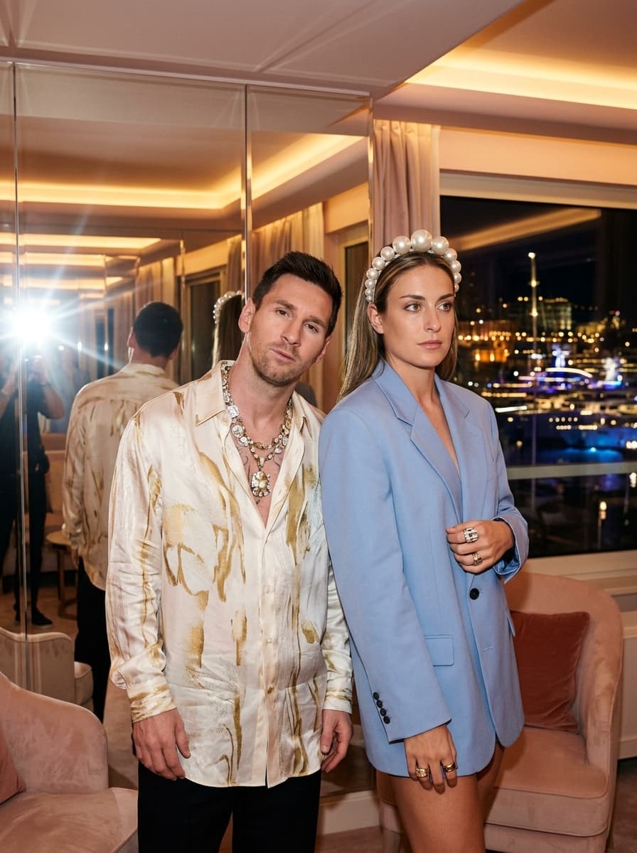 336. cinematic flash editorial photograph of fashionable subjects posing inside a pastel-colored luxury suite overlooking Monaco nightlife, coordinated oversized designer fashion and novelty accessories illuminated by harsh paparazzi flash lighting, emotionally detached expressions with awkward body language, mirrored walls and warm architectural lighting creating cinematic European celebrity atmosphere throughout the background