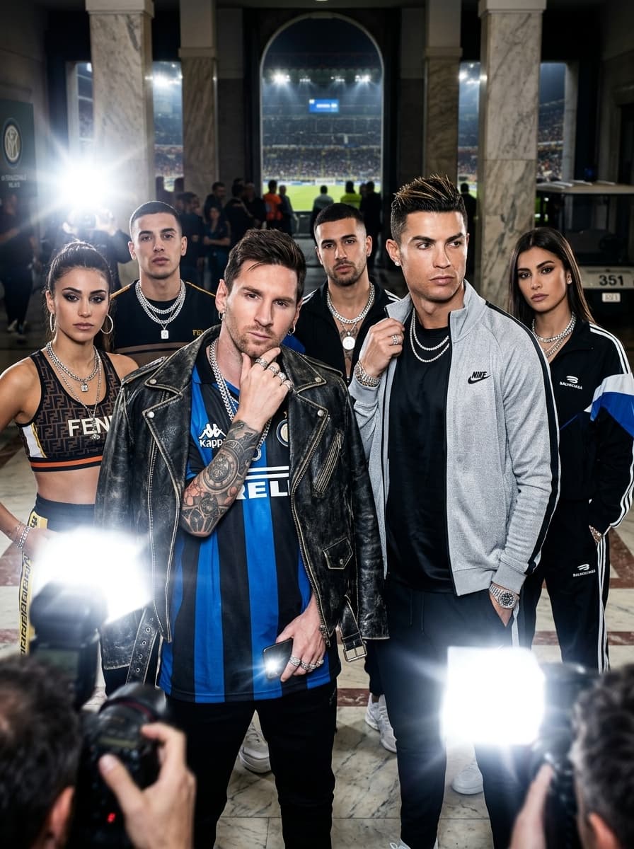 351. cinematic paparazzi-style flash photograph of stylish subjects standing around a football stadium tunnel in Milan at night, coordinated sports-luxury streetwear and layered chrome jewelry illuminated by aggressive flash exposure, chaotic friend-group interaction with emotionally detached expressions, glowing stadium lights and marble architecture visible throughout the background, upscale European football editorial atmosphere