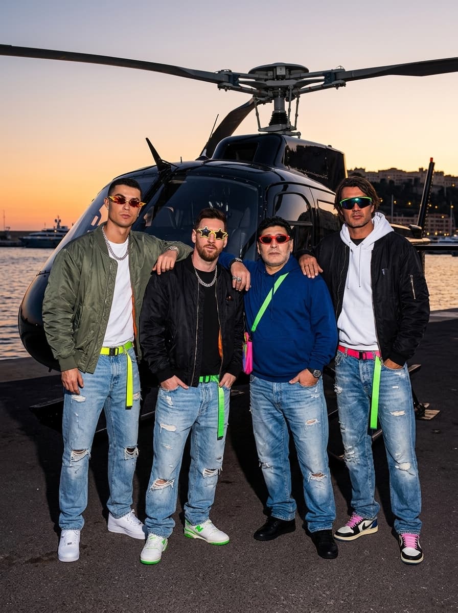  direct flash fashion editorial of fashionable subjects posing beside a private helicopter parked near a Monaco yacht marina during sunset, oversized Y2K-inspired streetwear, novelty sunglasses and saturated accessories illuminated by harsh paparazzi flash exposure, deadpan expressions with exaggerated editorial body language, ocean reflections and glowing skyline lights creating cinematic internet-culture depth behind them, playful luxury hypebeast realism