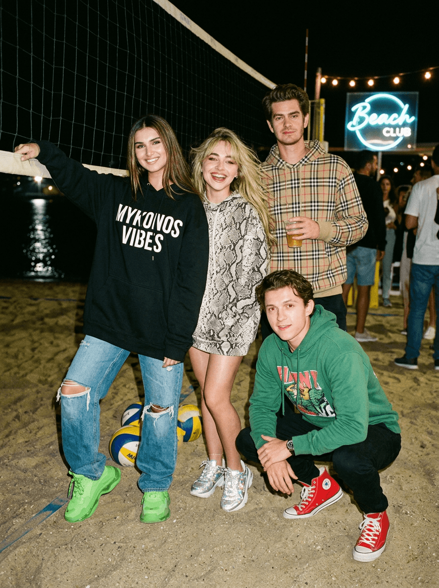 direct flash documentary-style photograph of stylish subjects gathered around a luxury beach volleyball party in Mykonos at night, oversized graphic hoodies, sports-inspired fashion and colorful sneakers illuminated by aggressive DSLR flash exposure, playful expressions mixed with rebellious internet-culture energy, ocean reflections and glowing beach-club lights visible throughout the background, disposable-camera nightlife realism