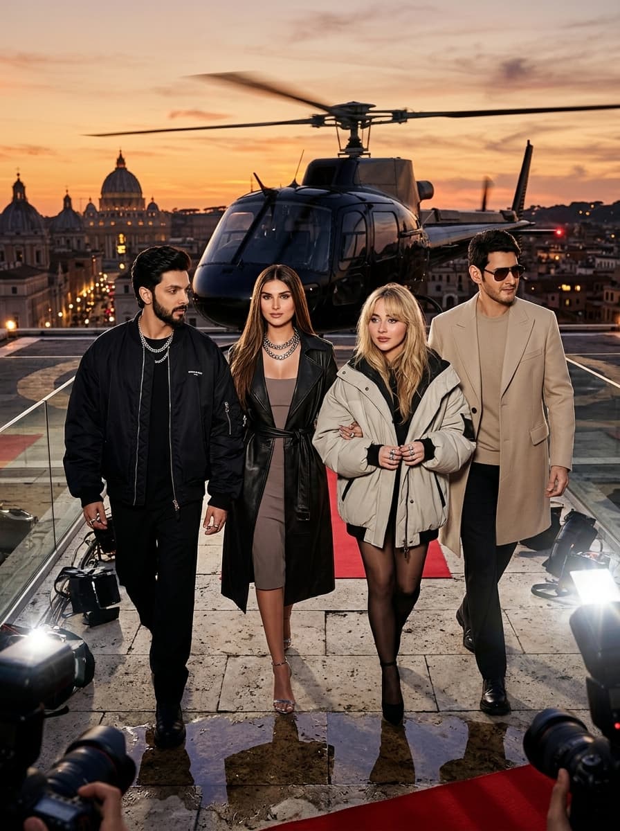 381. cinematic direct flash photograph of stylish subjects arriving at a luxury rooftop party in Rome by helicopter during sunset, oversized monochromatic designer streetwear, leather trench coats and layered chrome jewelry illuminated by aggressive paparazzi flash lighting, emotionally detached expressions with billionaire celebrity energy, spinning helicopter blades and glowing Italian skyline reflections creating cinematic European nightlife atmosphere throughout the background