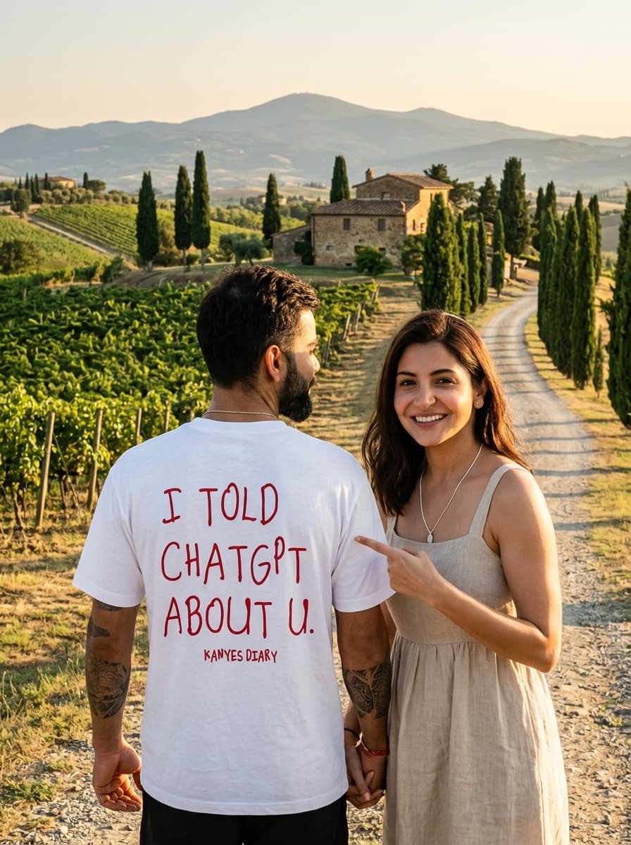 tuscany vibes, man wearing the reference tshirt, while woman showing off what's written on it proudly. 