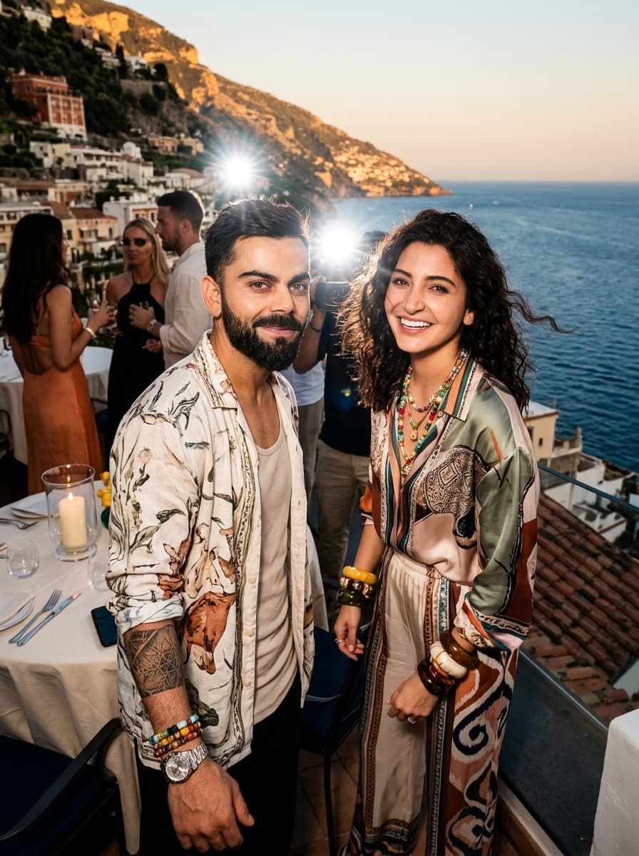 386. cinematic paparazzi flash photograph of fashionable subjects gathered around a luxury rooftop dinner on the Amalfi Coast during golden hour, coordinated oversized resortwear mixed with colorful statement accessories illuminated by harsh flash highlights, relaxed expressions with chaotic celebrity vacation energy, ocean cliffs and candlelit Mediterranean architecture creating cinematic Italian summer atmosphere throughout the background