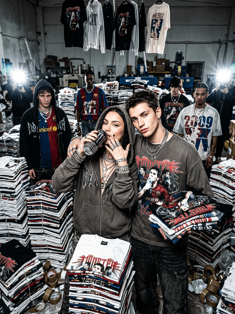 aggressive DSLR flash fashion editorial of stylish subjects surrounded by towering stacks of folded graphic t-shirts inside a chaotic warehouse studio, oversized streetwear with visible shirt graphics and layered chrome jewelry illuminated by harsh direct flash lighting, confident emotionally detached expressions with playful fashion posture, scattered packaging materials and hanging garments creating cinematic underground brand-launch atmosphere throughout the background
