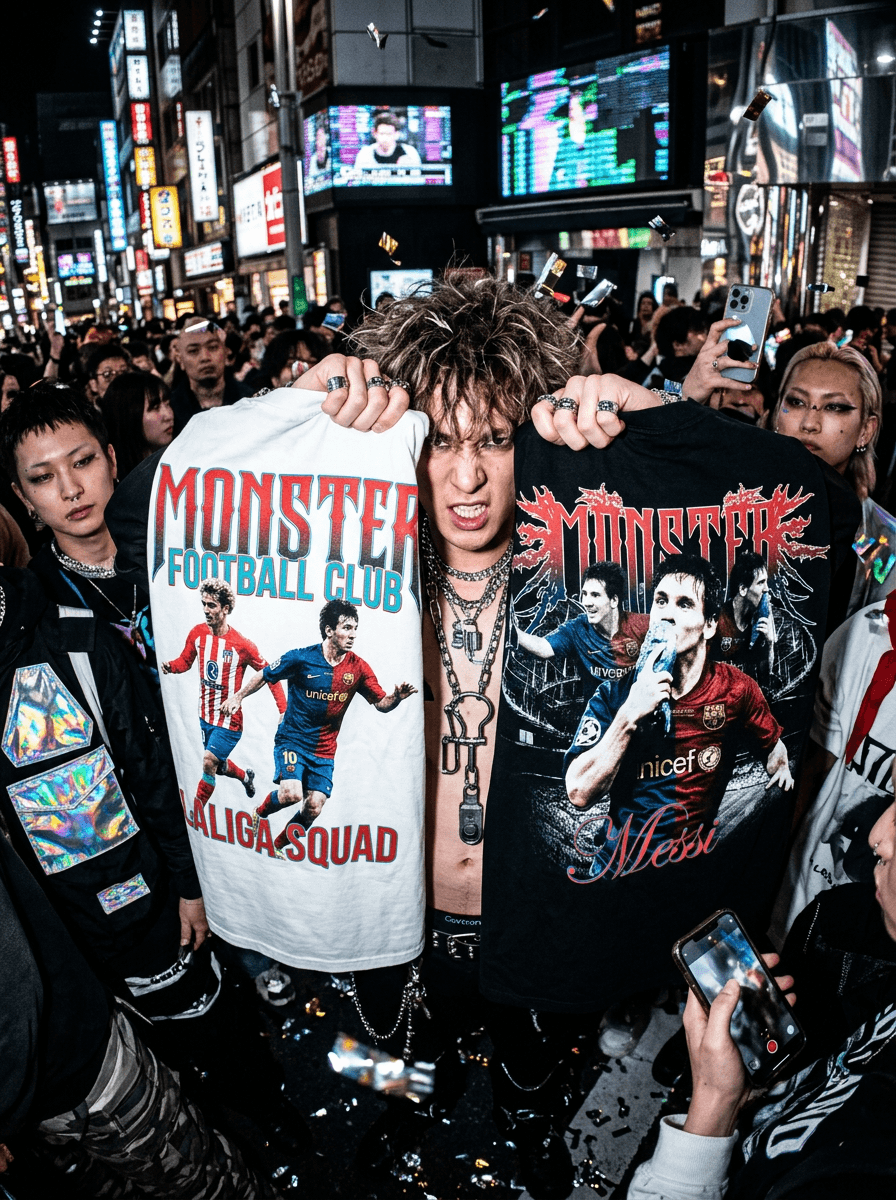 cinematic wide-angle flash photograph of fashionable subject aggressively holding oversized graphic t-shirts toward the camera lens, distorted perspective emphasizing shirt artwork and bold typography, monochromatic streetwear mixed with layered metallic accessories illuminated by aggressive paparazzi flash lighting, chaotic internet-culture energy with glossy reflections and nightlife atmosphere creating modern fashion-campaign realism