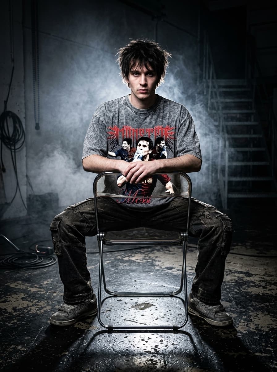 cinematic direct flash fashion photograph of a single stylish subject wearing an oversized acid-wash grey t-shirt featuring the attached graphic design prominently centered on the front, sitting backwards on a chrome chair inside a dark industrial studio, legs spread wide and elbows resting on the chair back without blocking the artwork, messy hair and emotionally detached expression illuminated by aggressive DSLR flash lighting, reflective concrete floors and subtle smoke haze creating cinematic underground streetwear campaign realism