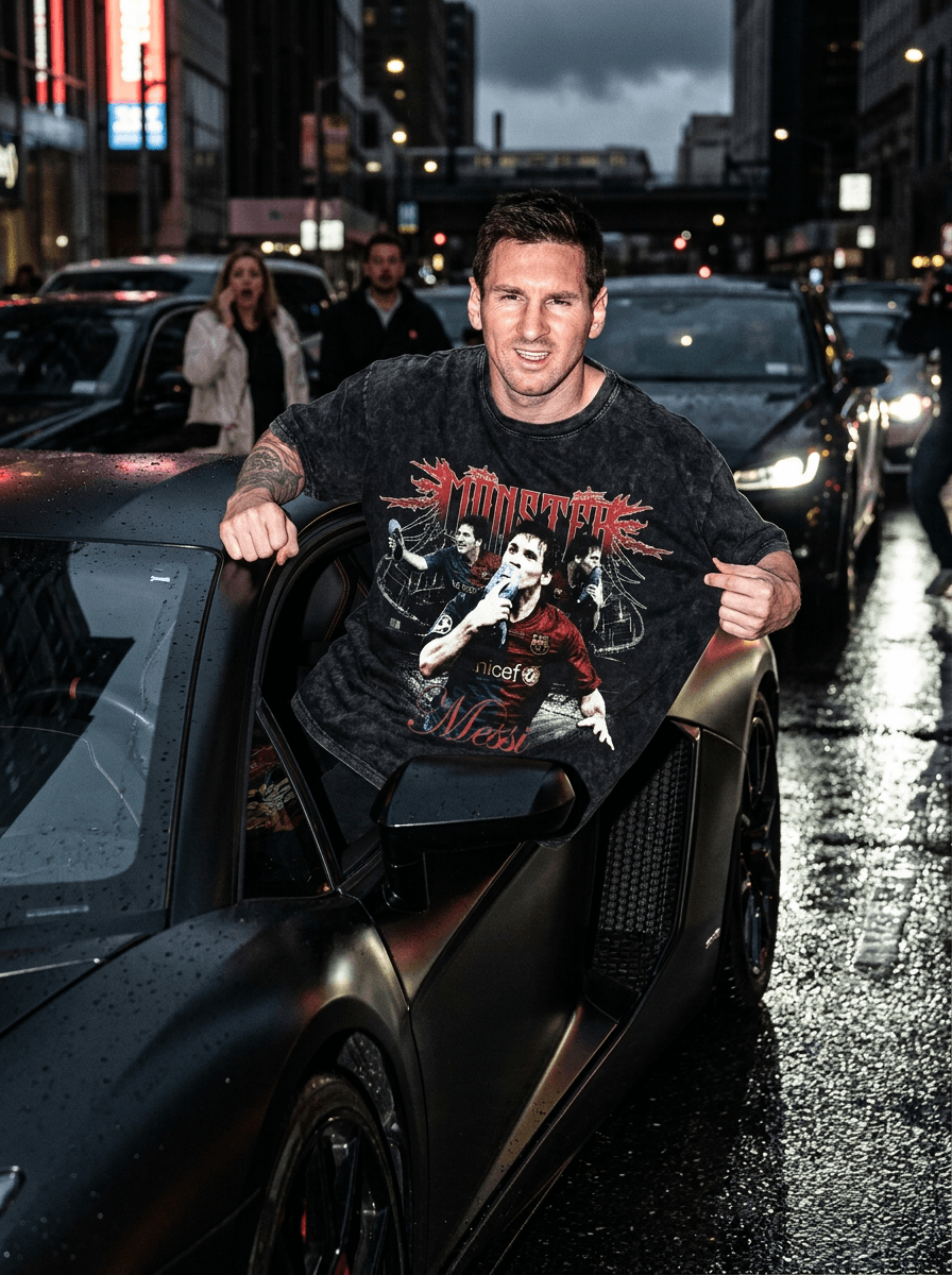aggressive paparazzi-style flash photograph of a fashionable subject (messi) wearing an oversized acid-wash black t-shirt featuring the attached design while leaning halfway out of a matte-black sports car at night, one hand gripping the roof and the other lightly pulling the shirt outward to emphasize the graphic, rebellious expression illuminated by harsh direct flash exposure, wet pavement reflections and glowing city lights creating cinematic luxury hypebeast realism throughout the background