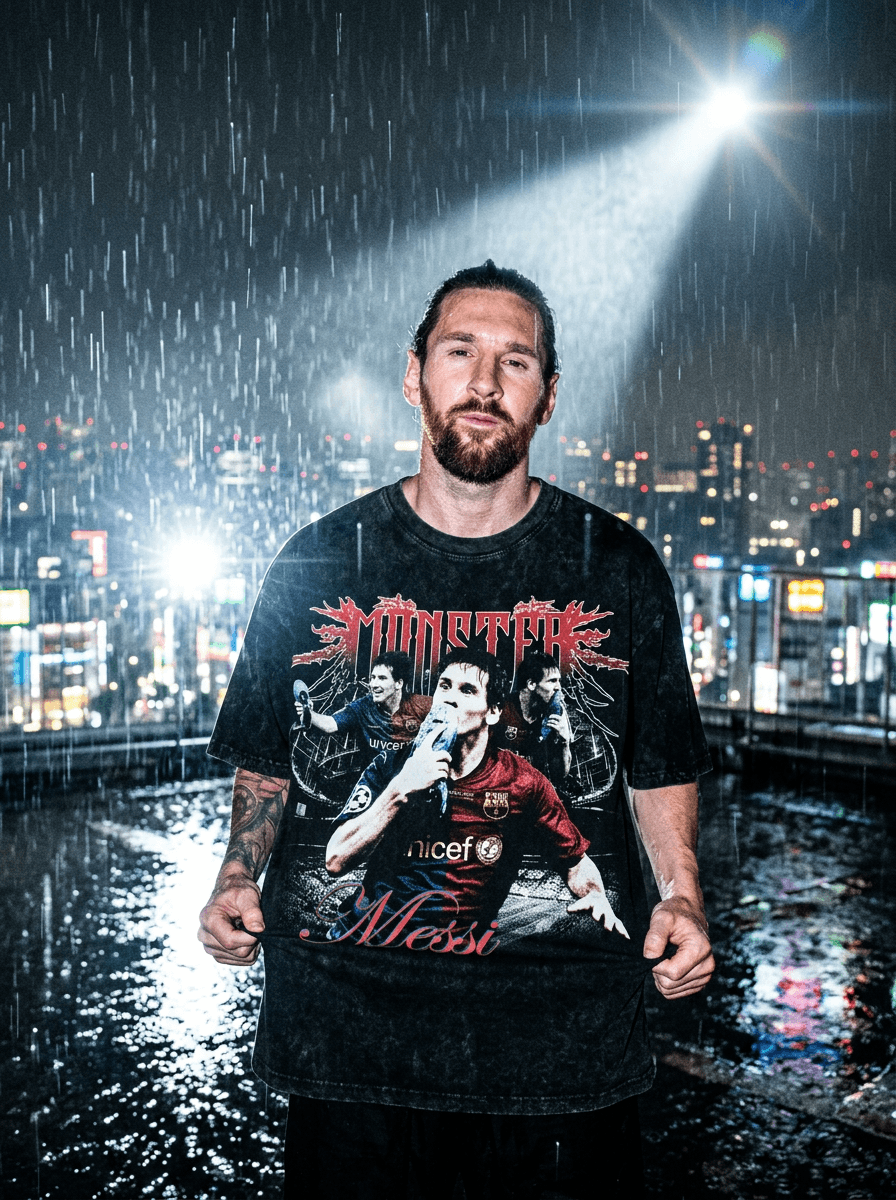 high-fashion paparazzi flash photograph of a fashionable subject (messi) wearing an oversized acid-wash black t-shirt featuring the attached graphic beneath a rooftop spotlight during heavy rain, hands lightly pulling the bottom corners of the shirt outward to stretch the design toward the camera, emotionally detached expression illuminated by harsh DSLR flash highlights, rain reflections and glowing skyline haze creating cinematic luxury internet-core realism