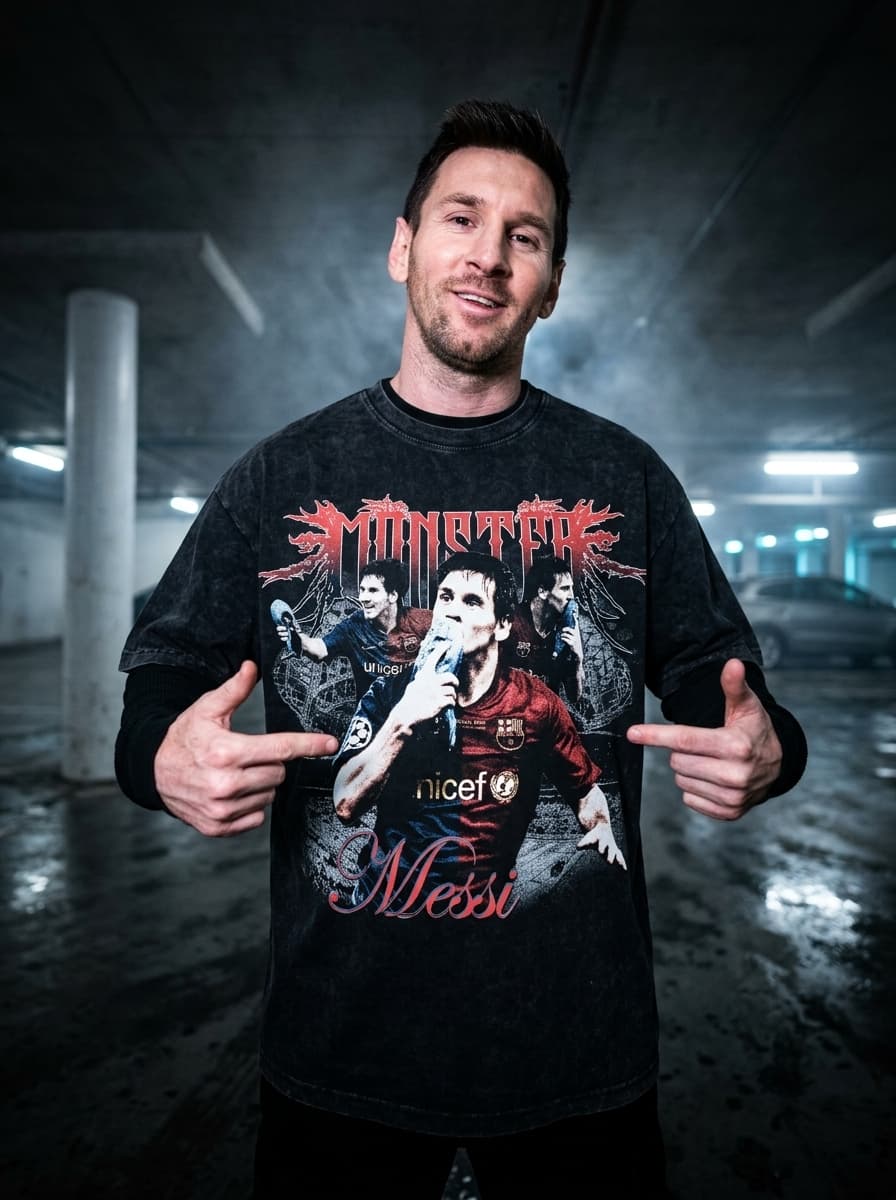 cinematic direct flash photograph of a stylish subject (messi) wearing an oversized acid-wash black t-shirt featuring the attached graphic while aggressively pointing both hands toward the shirt artwork, low-angle wide-lens composition emphasizing the design, playful arrogant expression illuminated by harsh paparazzi flash lighting, dark parking-garage environment with glossy reflections and smoke haze creating cinematic internet-culture streetwear realism
