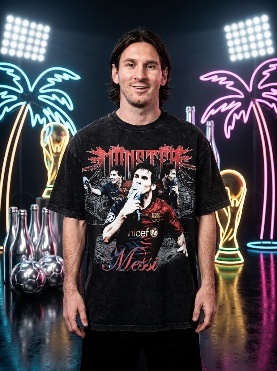 cinematic direct flash fashion photograph of a single stylish subject (messi) wearing an oversized black acid-wash t-shirt featuring the attached graphic design prominently centered on the front, standing inside a luxury Miami football-inspired studio set surrounded by glowing World Cup-style stadium lights, chrome footballs and tropical neon palm trees, confident expression with relaxed athlete posture illuminated by aggressive DSLR flash lighting, glossy reflective floors and cinematic blue-pink ambient lighting creating upscale sports-fashion campaign realism throughout the background
