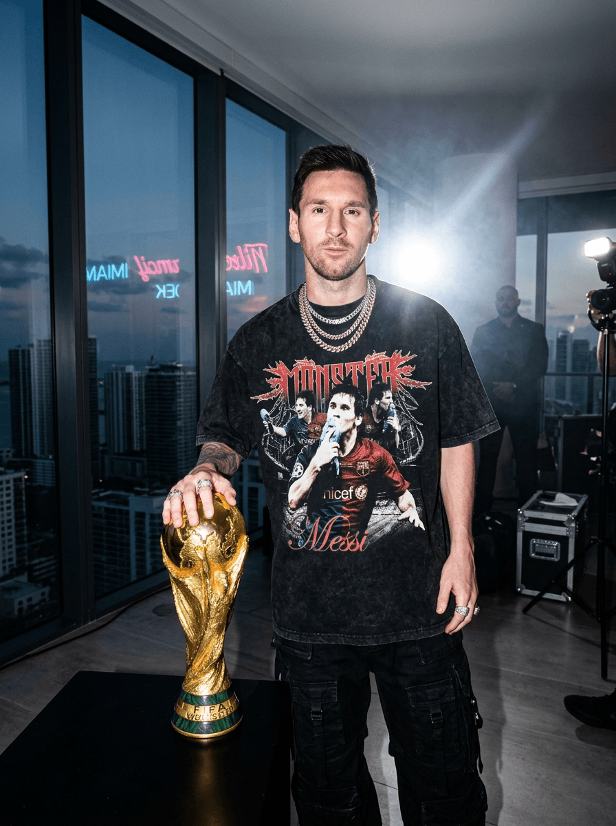 gritty paparazzi-style flash photograph of a stylish subject (messi) wearing an oversized black acid-wash t-shirt featuring the attached graphic while posing beside a gold-plated football trophy inside a luxury Miami penthouse studio, oversized designer cargos and layered metallic jewelry illuminated by harsh direct flash exposure, relaxed champion posture with emotionally detached expression, skyline reflections and neon ambient lighting creating cinematic celebrity football-fashion atmosphere