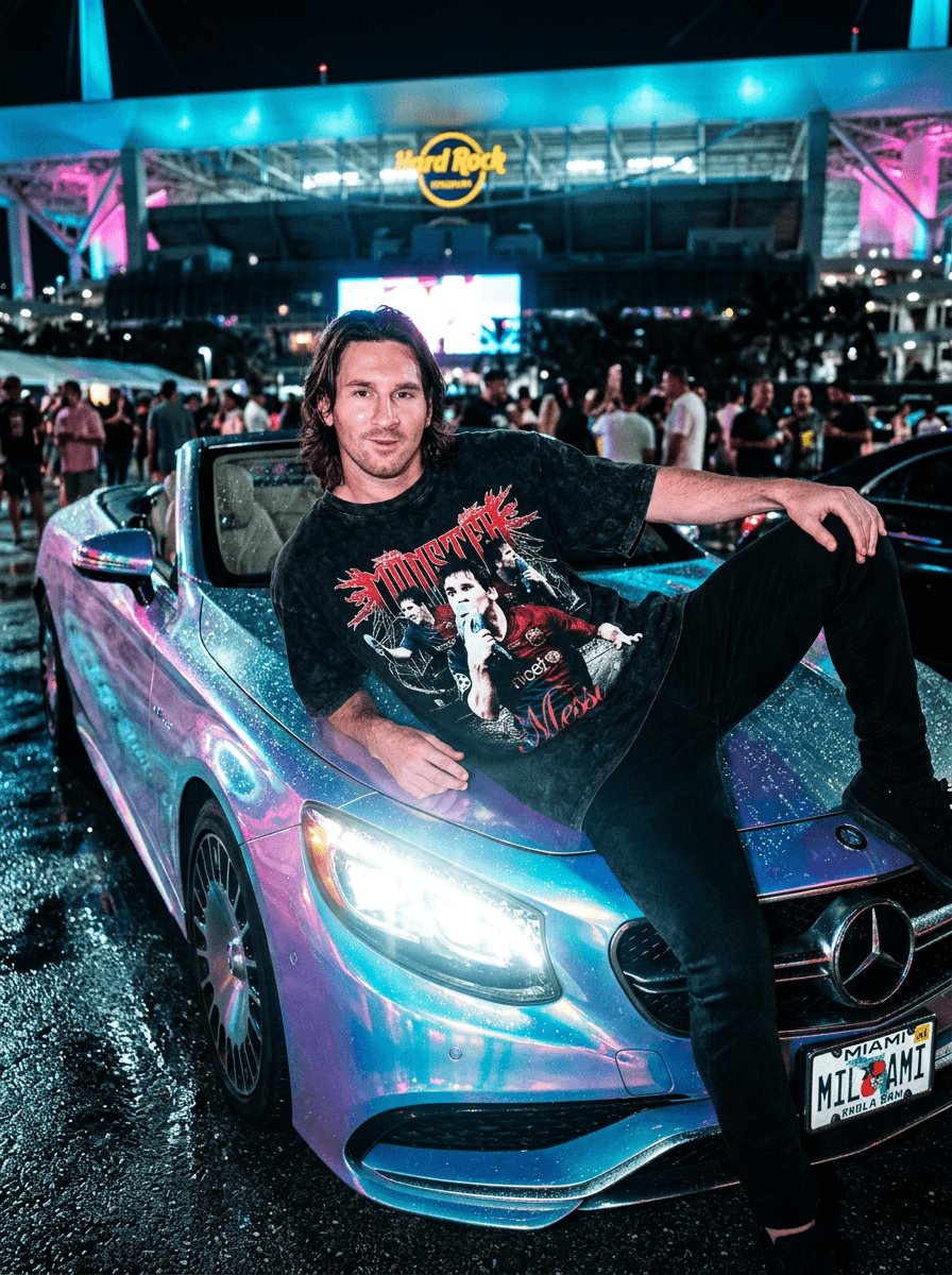 gritty documentary-style flash photograph of a stylish subject (messi) wearing an oversized black acid-wash t-shirt featuring the attached graphic while lounging across the hood of a neon-lit luxury convertible outside a Miami football stadium at night, relaxed celebrity posture with one knee raised and torso fully visible, aggressive direct flash lighting reflecting across wet pavement and chrome surfaces creating cinematic nightlife sports-fashion realism. (smirking expression)