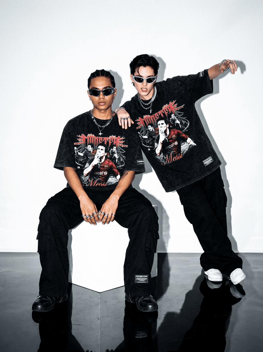 high-fashion studio flash photograph of two stylish subjects wearing oversized black acid-wash t-shirts featuring the attached graphic design prominently centered on the front, one subject sitting casually on a white cube while the second leans over from behind with dramatic fashion posture, aggressive paparazzi flash lighting illuminating glossy black flooring and seamless white studio walls, emotionally detached expressions with playful internet-culture energy, oversized cargos, chrome jewelry and futuristic sunglasses creating cinematic luxury streetwear campaign realism