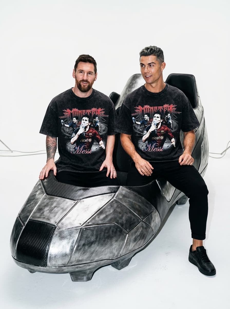 cinematic flash editorial photograph of a stylish subjects (messi & ronaldo) wearing an oversized black acid-wash t-shirt featuring the attached artwork while sitting inside a giant sculptural football boot prop in a seamless white studio, relaxed celebrity posture with hands resting beside the body to avoid covering the graphic, harsh paparazzi flash lighting creating glossy reflections and dramatic shadows, futuristic sports-fashion campaign realism