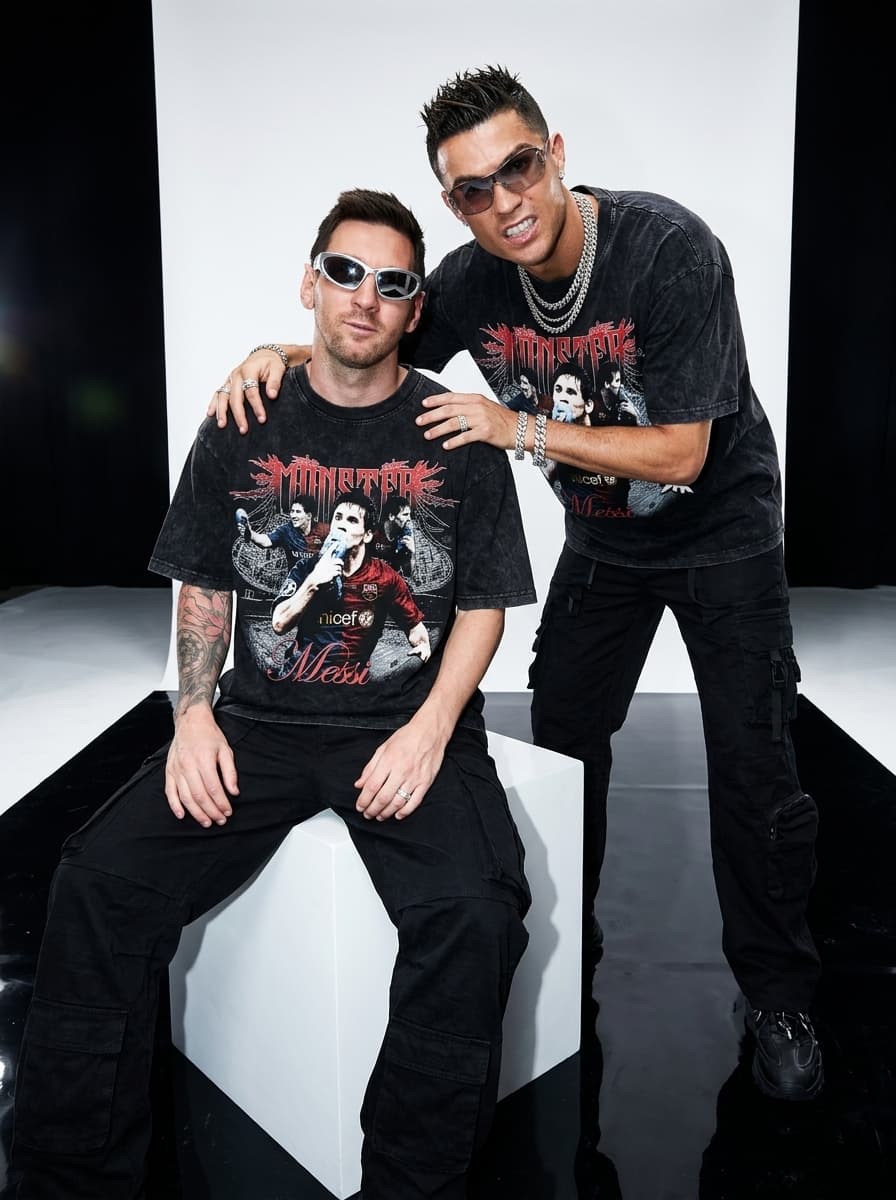 high-fashion studio flash photograph of two stylish subjects (messi & ronaldo) wearing oversized black acid-wash t-shirts featuring the attached graphic design prominently centered on the front, one subject sitting casually on a white cube while the second leans over from behind with dramatic fashion posture, aggressive paparazzi flash lighting illuminating glossy black flooring and seamless white studio walls, emotionally detached expressions with playful internet-culture energy, oversized cargos, chrome jewelry and futuristic sunglasses creating cinematic luxury streetwear campaign realism