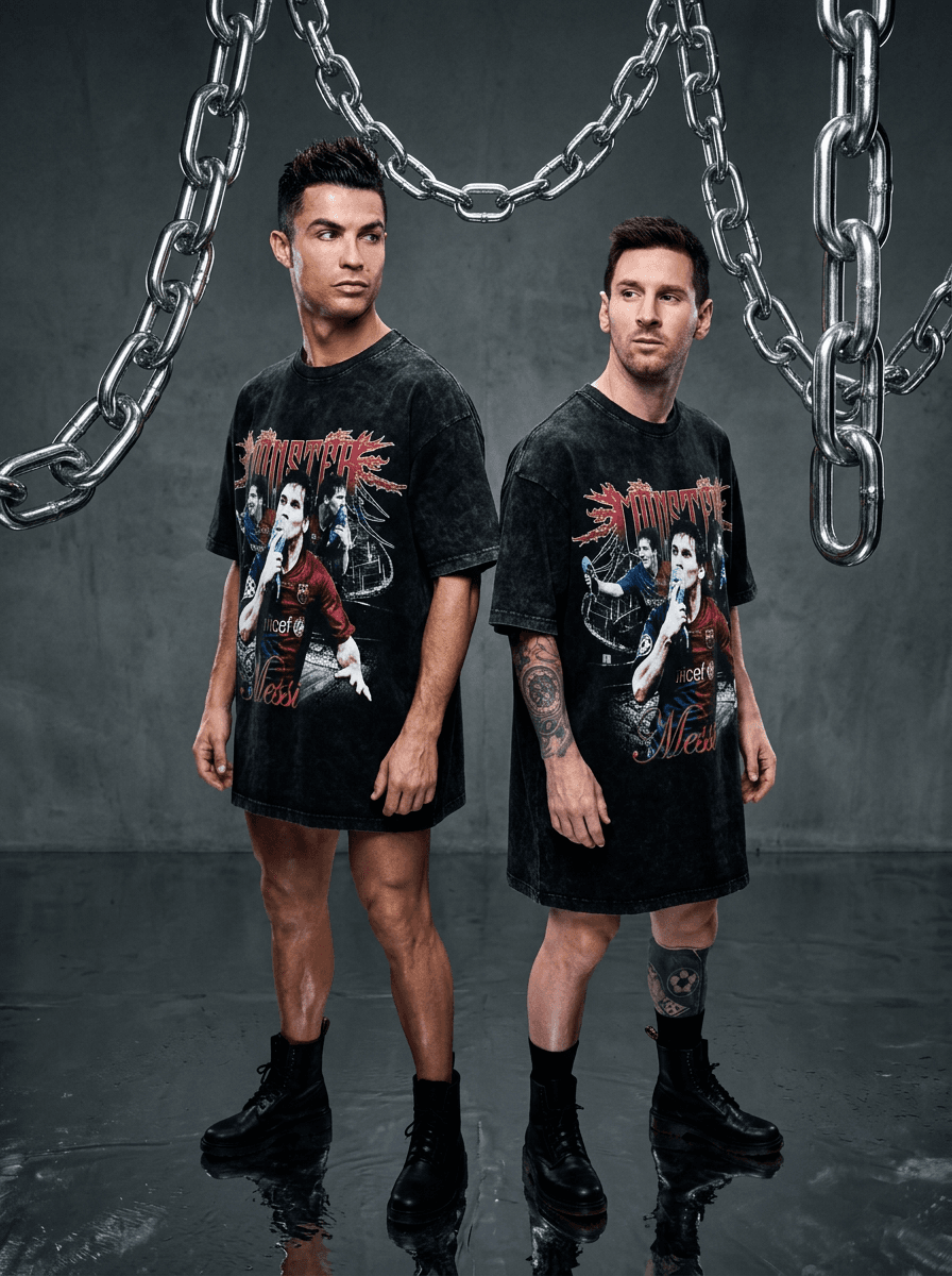 cinematic direct flash studio photograph of two fashionable subjects (messi and neymar) wearing oversized black acid-wash t-shirts featuring the attached artwork while posing back-to-back beneath oversized suspended chrome chains, emotionally detached expressions with playful rebellious fashion energy illuminated by harsh DSLR flash lighting, seamless grey studio environment and glossy reflections creating upscale internet-culture editorial realism