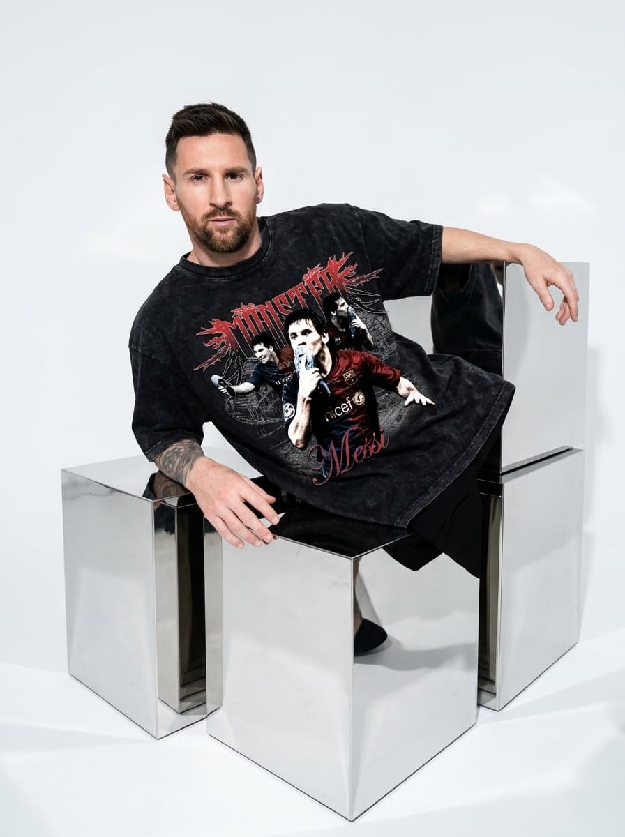 minimalist luxury fashion editorial photograph of a stylish subject (messi) wearing an oversized black acid-wash t-shirt featuring the attached graphic while laying sideways across stacked chrome cubes inside a seamless white studio, deadpan expression with awkward high-fashion body angles illuminated by aggressive paparazzi flash lighting, reflective metallic surfaces and sharp architectural shadows creating cinematic luxury streetwear campaign atmosphere