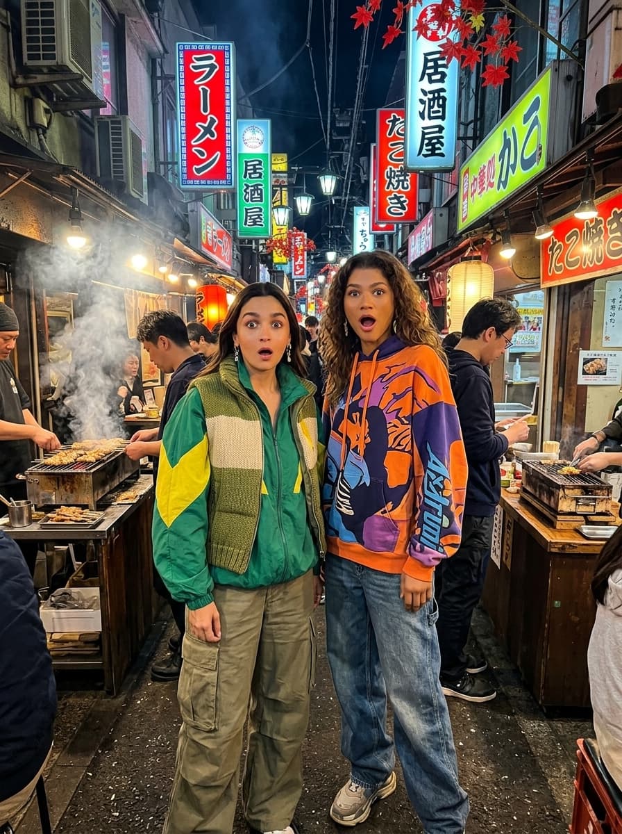 Two young women in colorful oversized streetwear standing in a narrow Japanese alley market at night, neon signs in Japanese, street food stalls, both looking surprised, candid iPhone style photo, photorealistic, cinematic