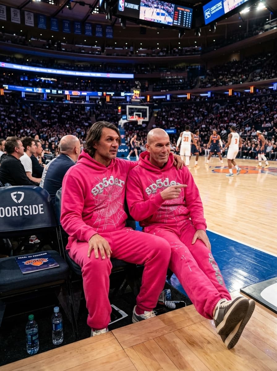 Two men in matching hot pink SP5DER spider web hoodies and sweatpants sitting courtside at an NBA game, players on court behind them blurred, crowd visible, casual relaxed pose, candid sports photography, photorealistic, arena lighting
