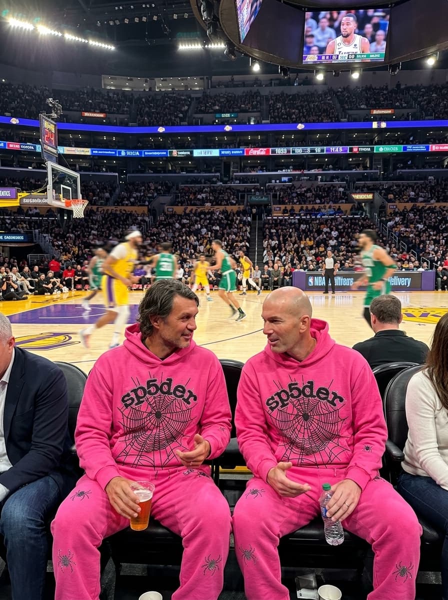 Two men in matching hot pink SP5DER spider web hoodies and sweatpants sitting courtside at an NBA game, players on court behind them blurred, crowd visible, casual relaxed pose, candid sports photography, photorealistic, arena lighting
