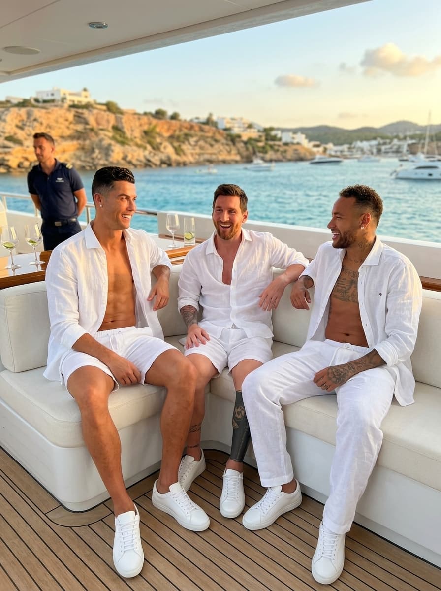 Three athletic men in matching all-white linen outfits — open shirts, white shorts, white sneakers — sitting on the deck of a luxury superyacht, Ibiza coastline behind, golden hour Mediterranean light, candid vacation photo, photorealistic

