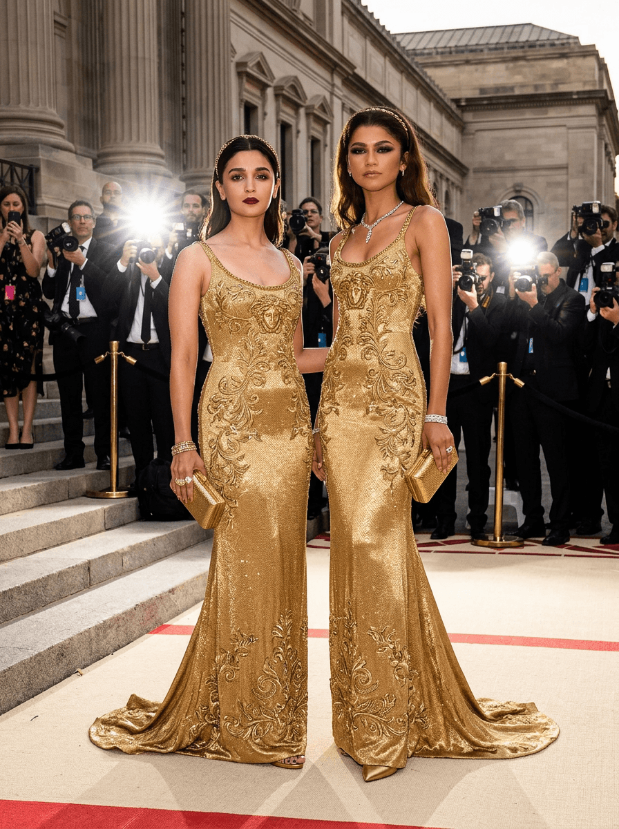 Two tall elegant women in floor-length gold Versace gowns with Medusa embellishments standing on the Met Gala stone steps, photographers behind them, golden hour flash photography, red carpet energy, matching accessories, photorealistic editorial
